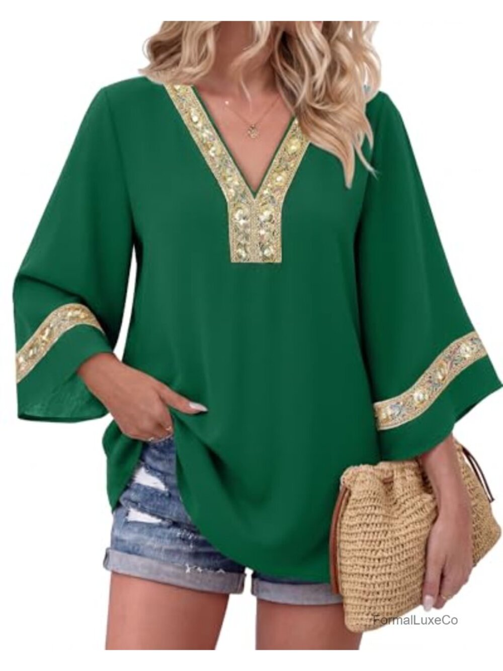 3/4 Sleeve Embroidered V Neck Boho Blouse Flowy Tunic Top